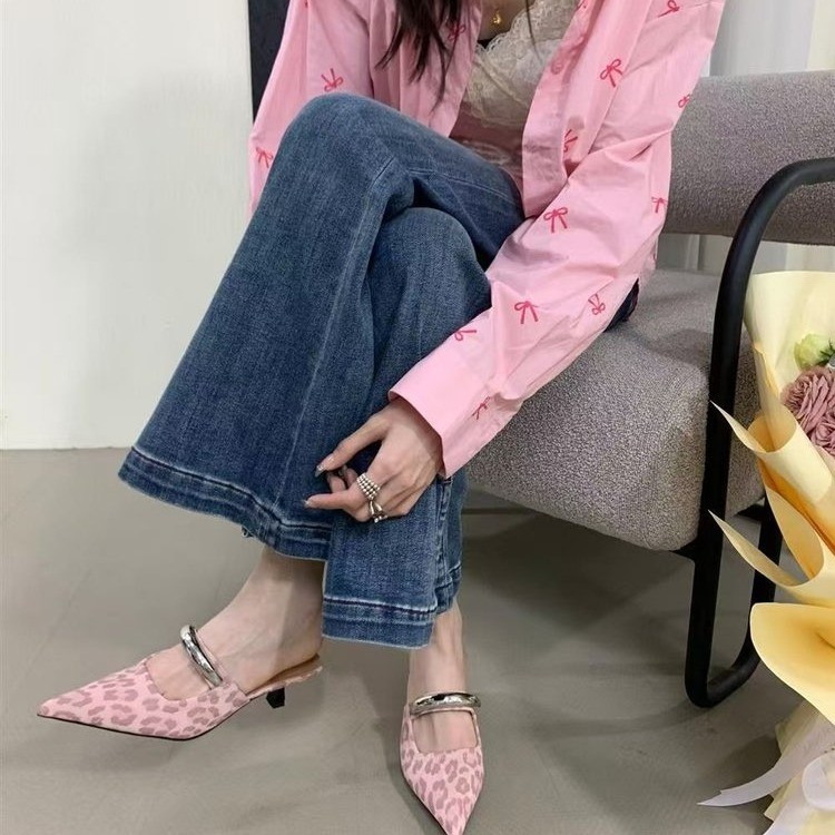 French temperament leopard print pointed high heels for women in spring and summer fairy kitten heels Baotou half slippers